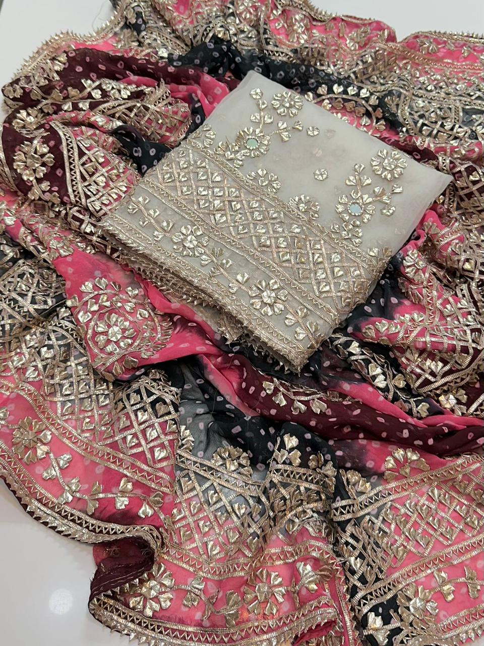 Organza Handmade Gotta Mirror Work 2Piece Dress with Bamber Tie & Dye Dupatta