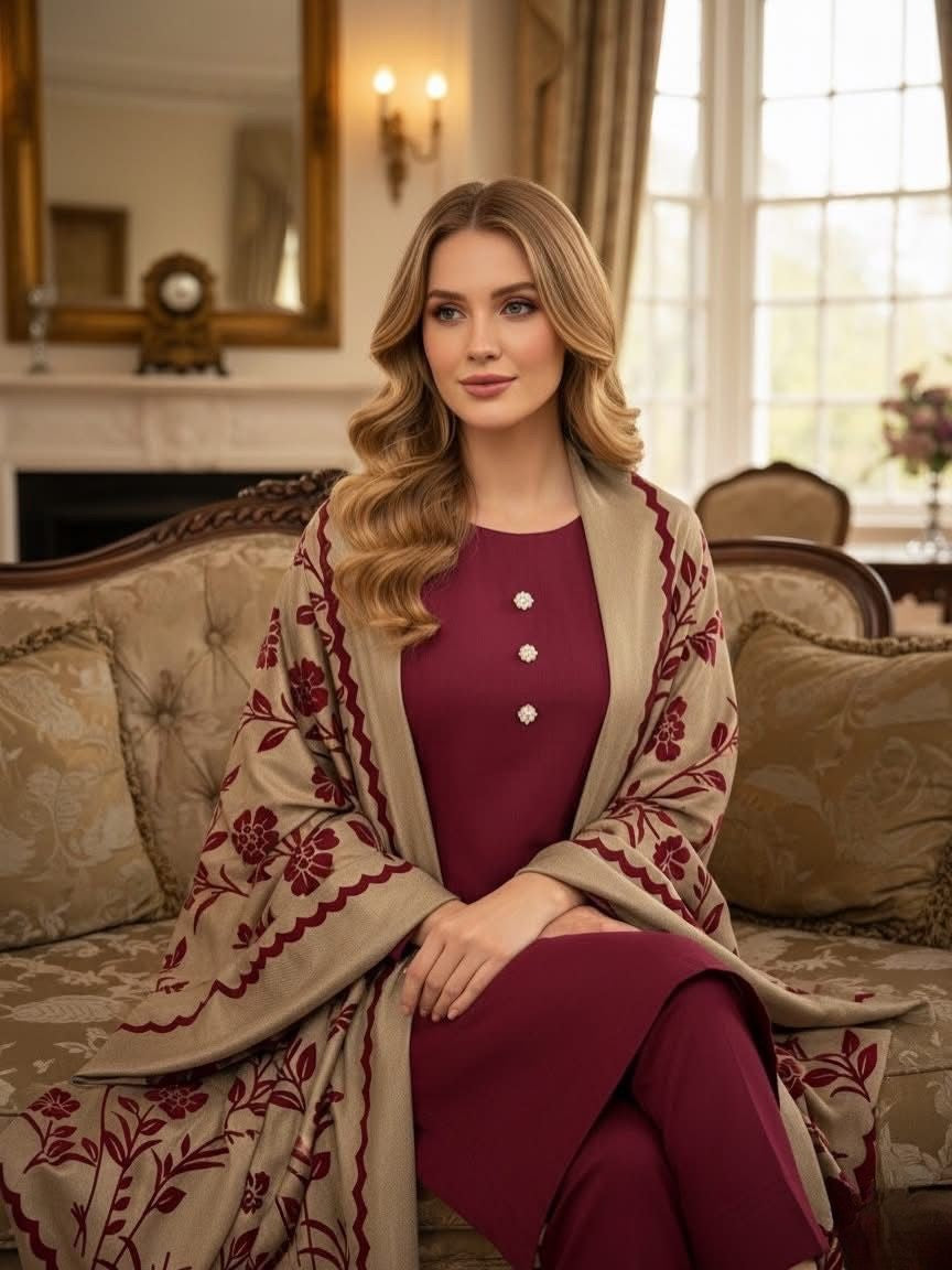 Pashmina Wool Velvet Applique Shawl with Marina Wool 3Piece Dress