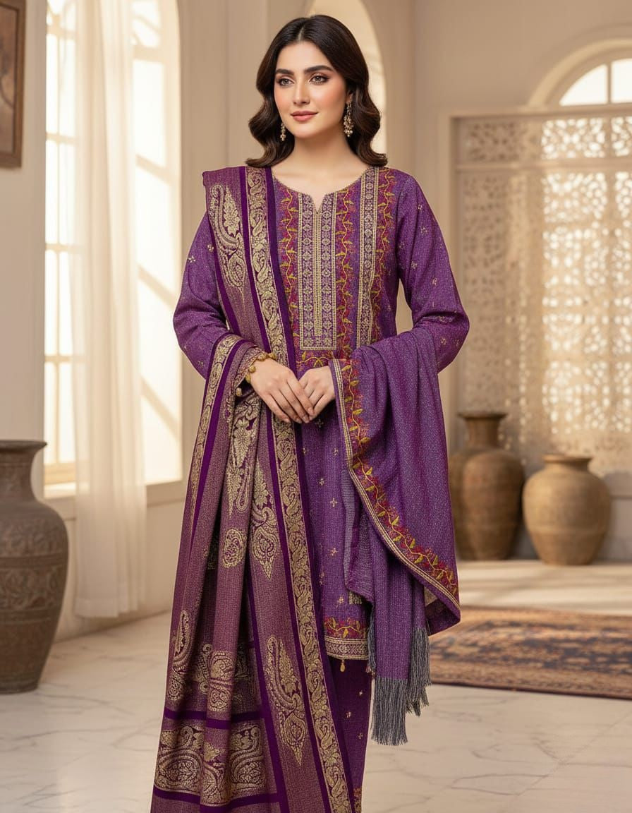 Cross Stitch Soft Karandi 3Piece Embroidered Dress with Banarsi Jacquard Shawl