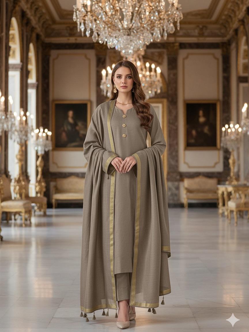 Soft Pashmina Wool & Zaari Border Shawl 3Piece Premium Winter Dress –