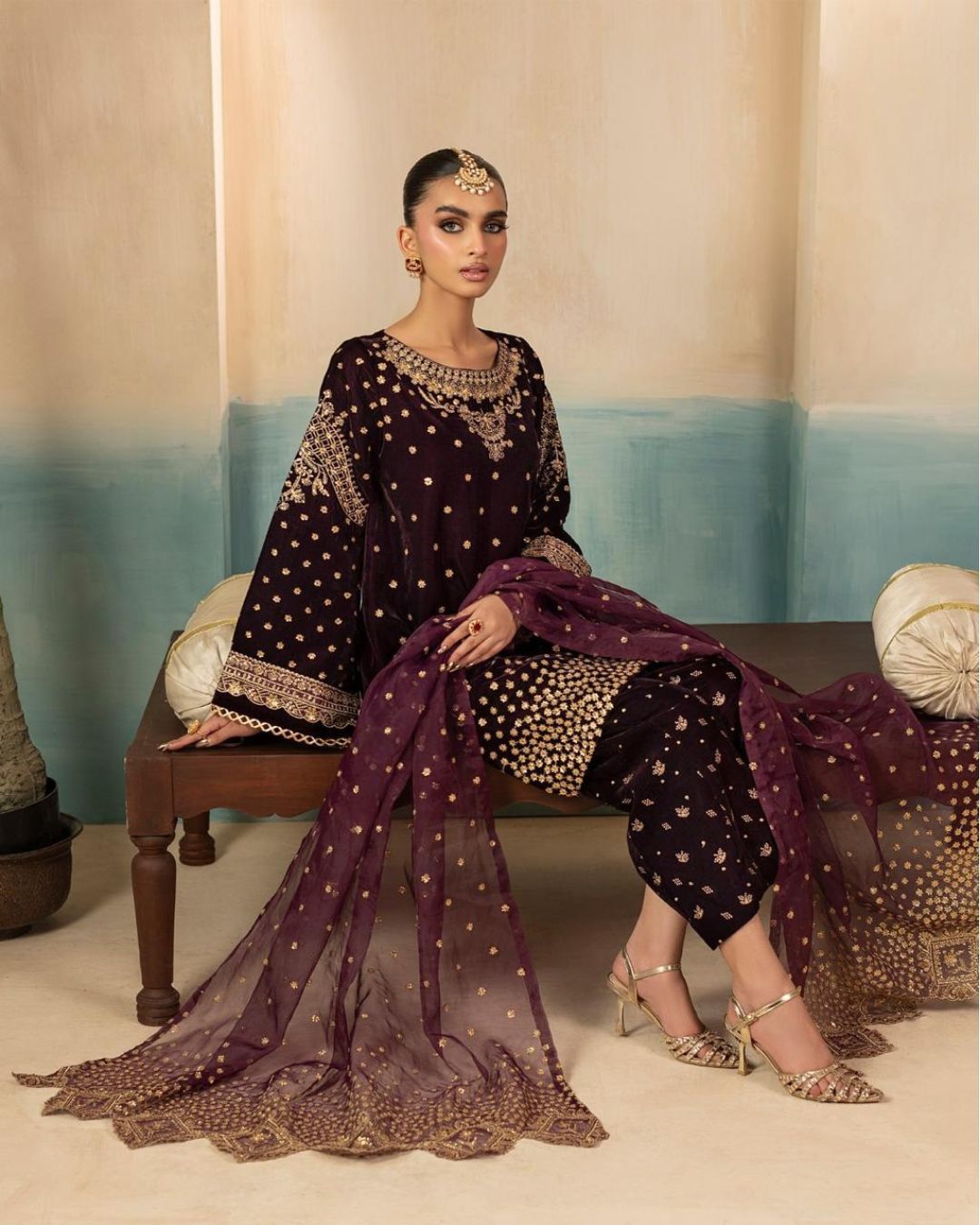 9000 Micro Velvet Fancy Sequence Work 3Piece Dress