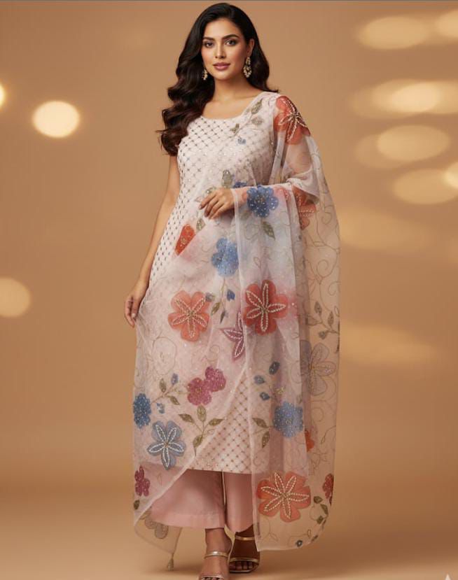 Beautiful Fancy Party Wear Soft Organza Handwork Dress