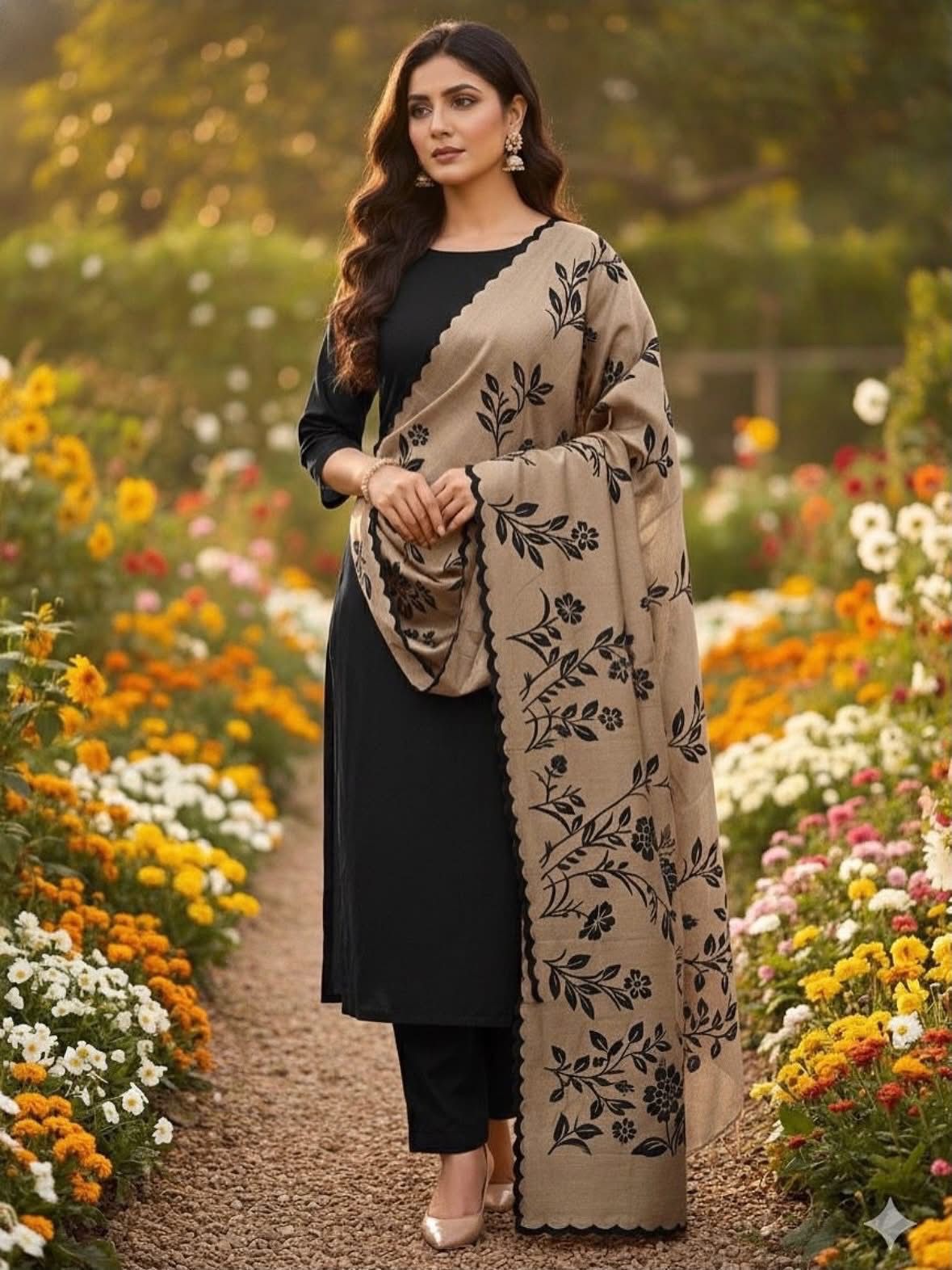 Pashmina Wool Velvet Applique Shawl with Marina Wool 3Piece Dress