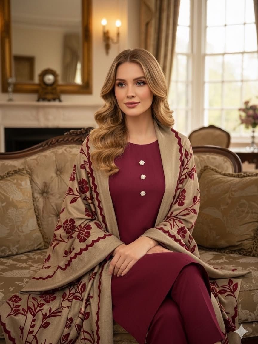 Pashmina Wool Velvet Applique Shawl with Marina Wool 3Piece Dress