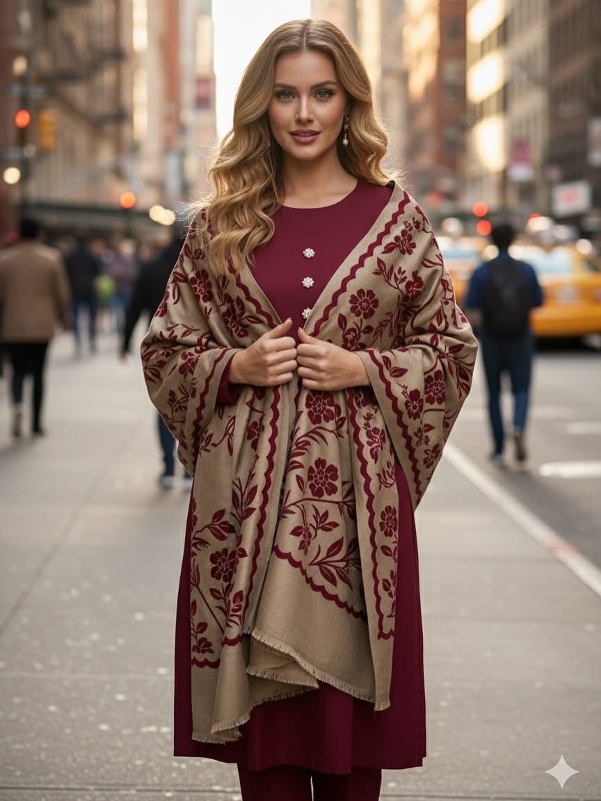 Pashmina Wool Velvet Applique Shawl with Marina Wool 3Piece Dress