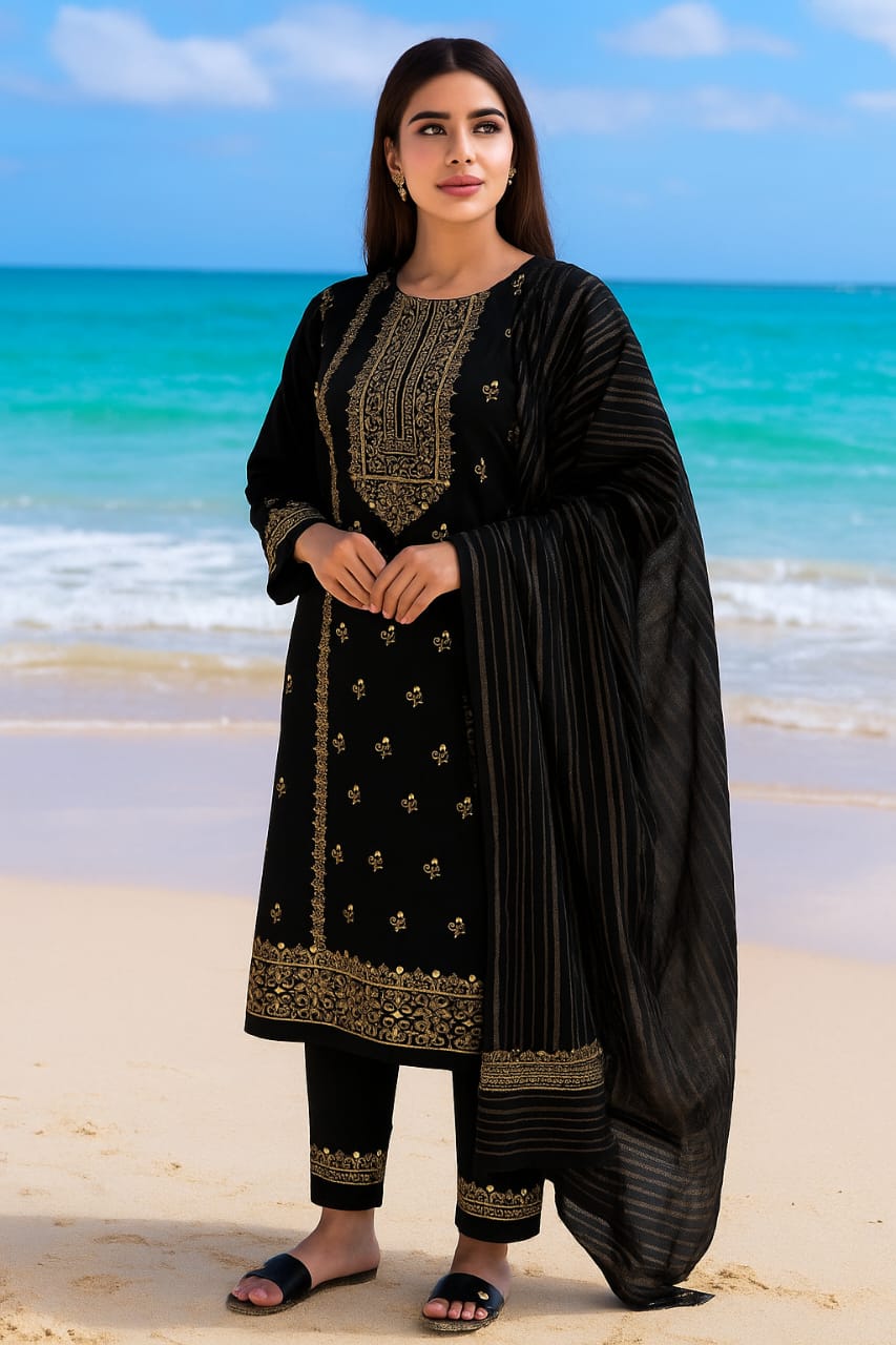 Krandi Cross-Stitch 3Piece Dress with Jacquard Chadar