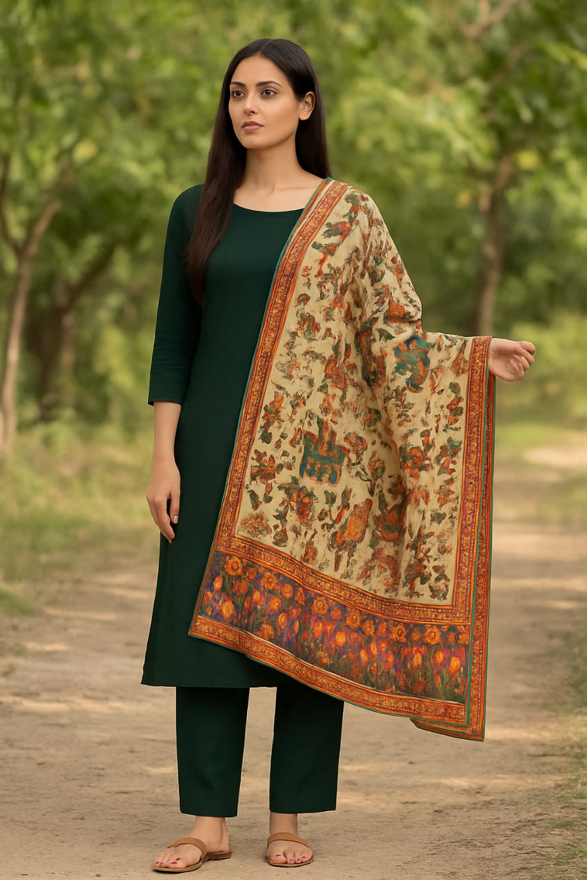Plain Dhanak Wool 3Piece Suit with Raja Rani Hydro Print Shawl