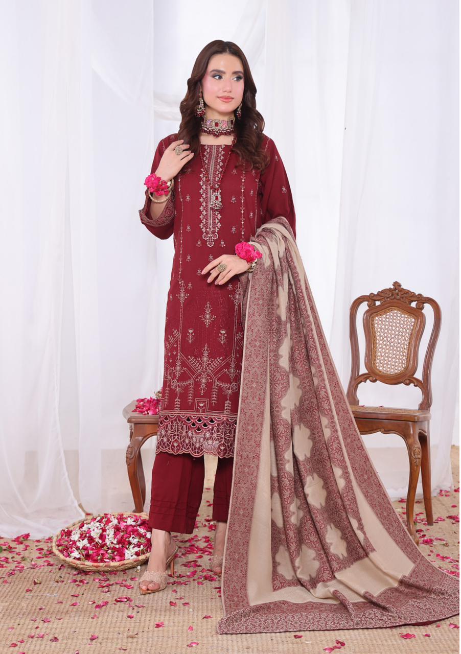 Slub Peach Dhanak Embroidered 3Piece Dress with Woolen Jacquard Shawl