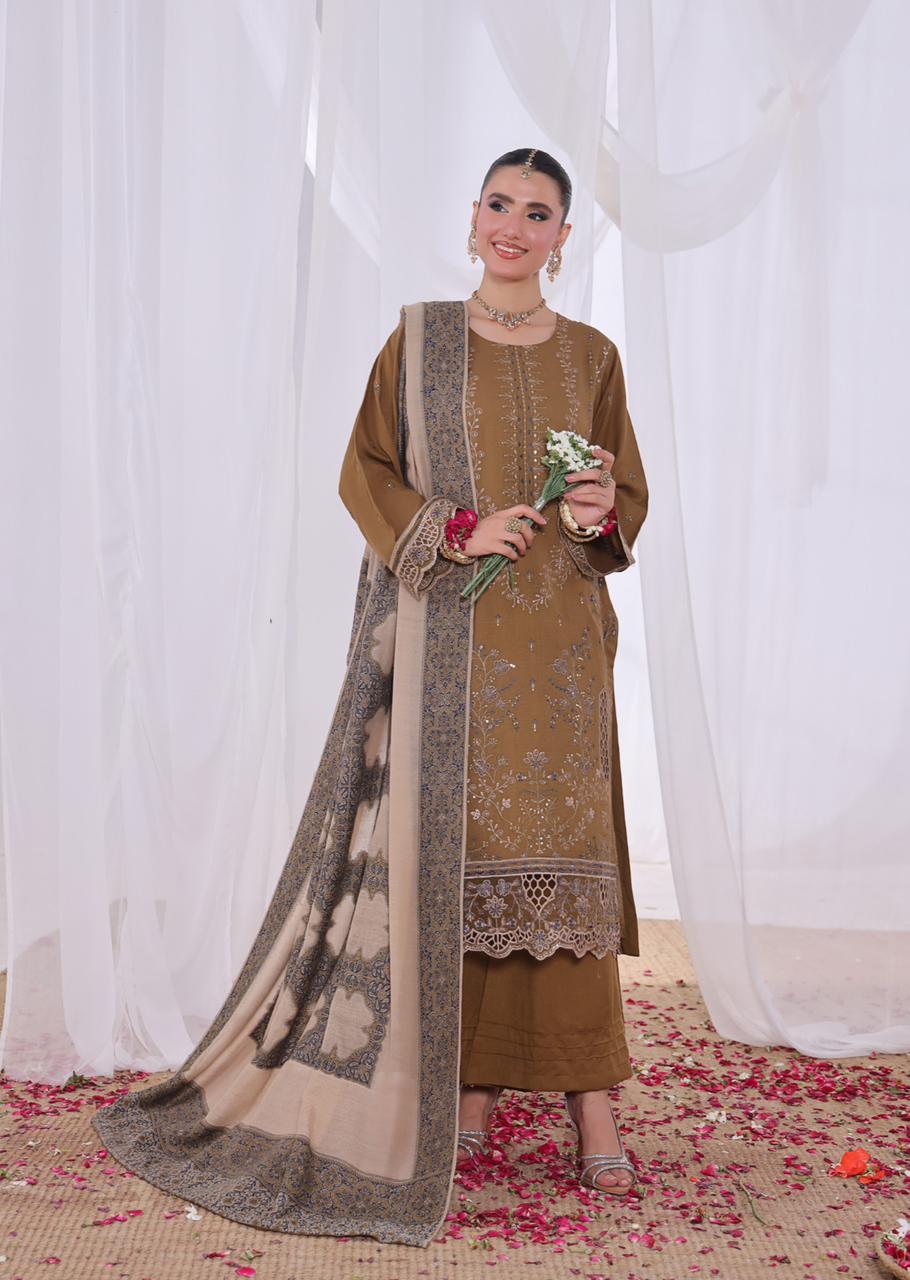 Slub Peach Dhanak Embroidered 3Piece Dress with Woolen Jacquard Shawl