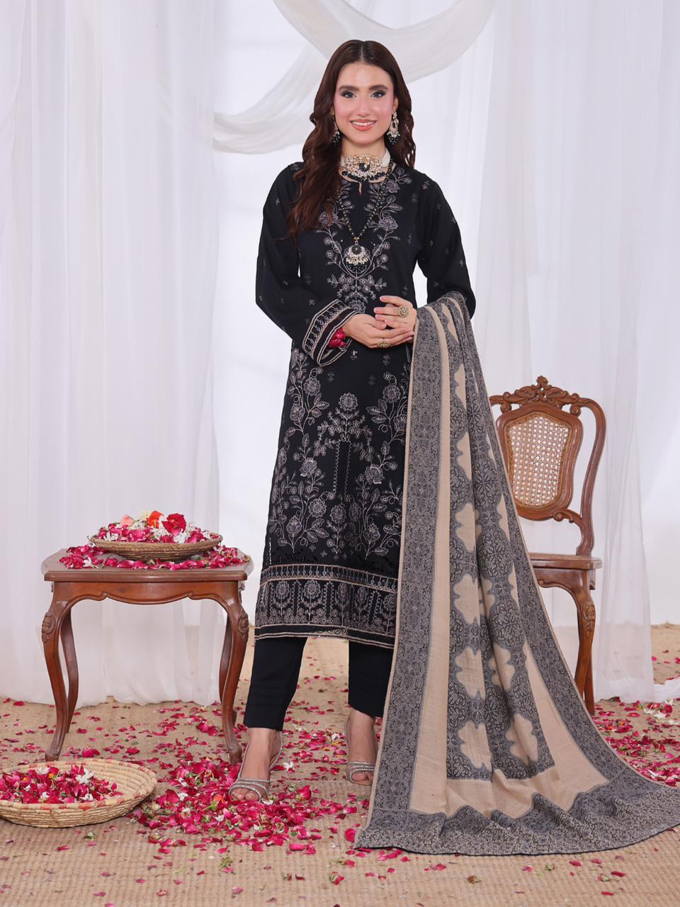 Slub Peach Dhanak Embroidered 3Piece Dress with Woolen Jacquard Shawl