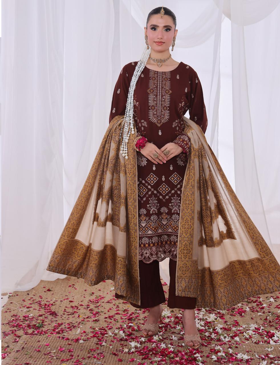 Slub Peach Dhanak Embroidered 3Piece Dress with Woolen Jacquard Shawl