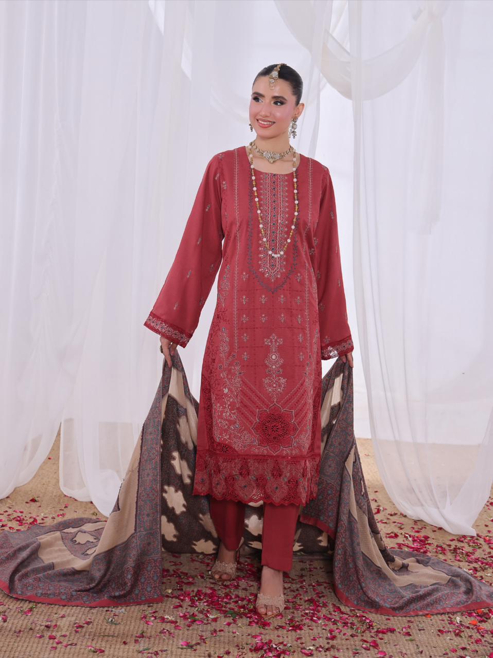 Slub Peach Dhanak Embroidered 3Piece Dress with Woolen Jacquard Shawl