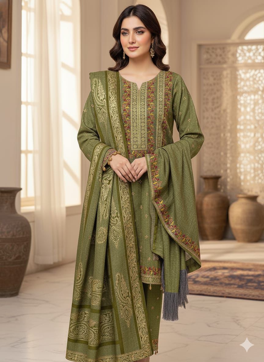 Cross Stitch Soft Karandi 3Piece Embroidered Dress with Banarsi Jacquard Shawl