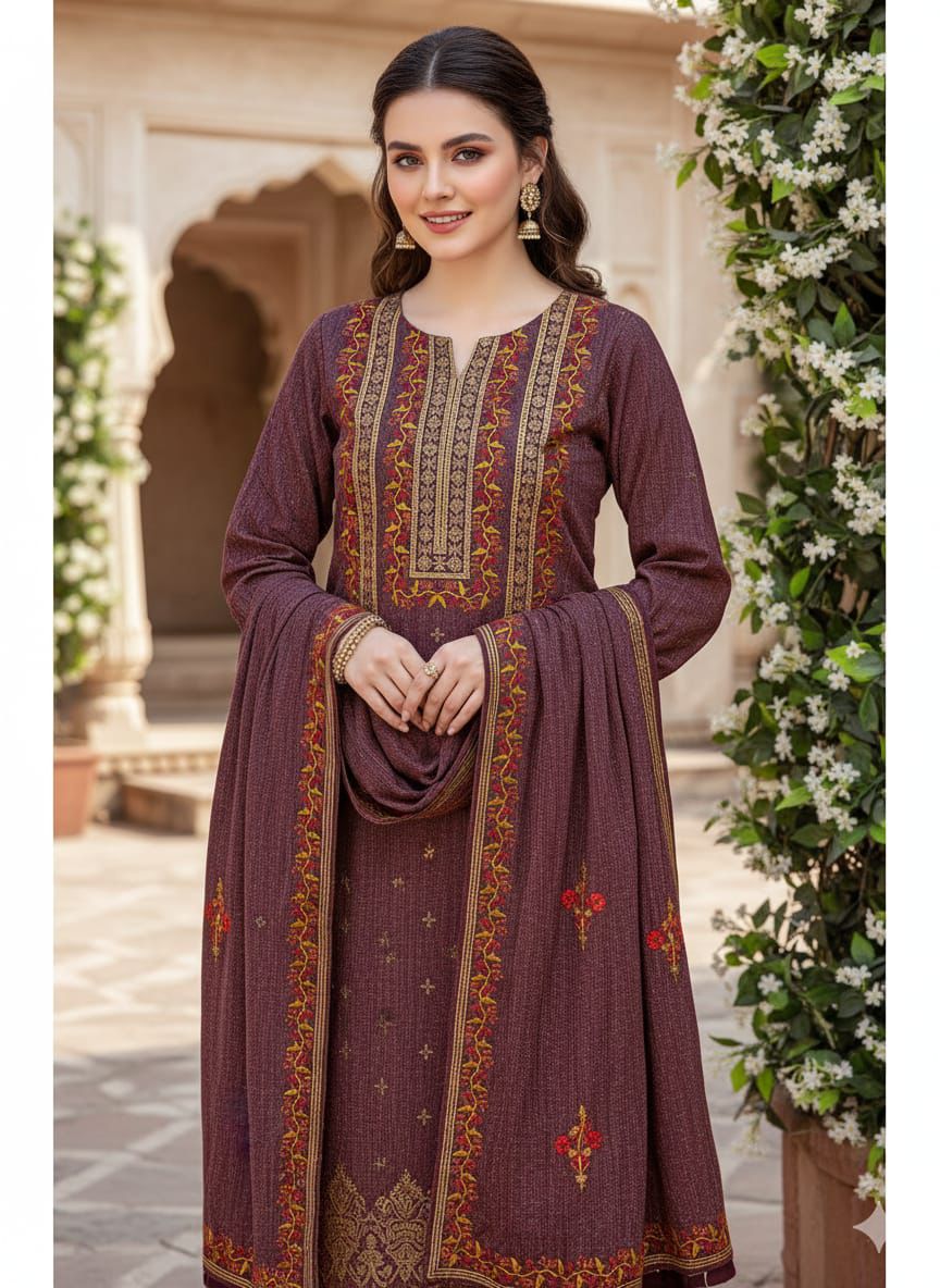 Cross Stitch Soft Karandi 3Piece Embroidered Dress with Banarsi Jacquard Shawl