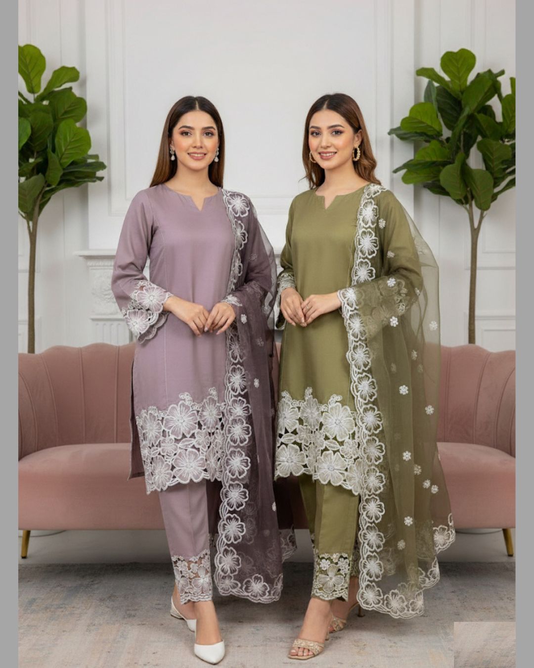 Exclusive 2-Tone Shamoze Silk Breeze Cut-Work Embroidered 3Piece Dress