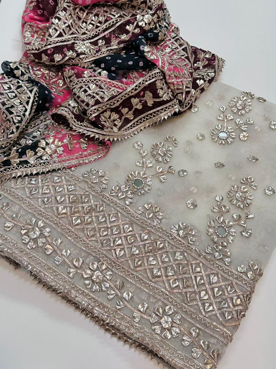 Organza Handmade Gotta Mirror Work 2Piece Dress with Bamber Tie & Dye Dupatta