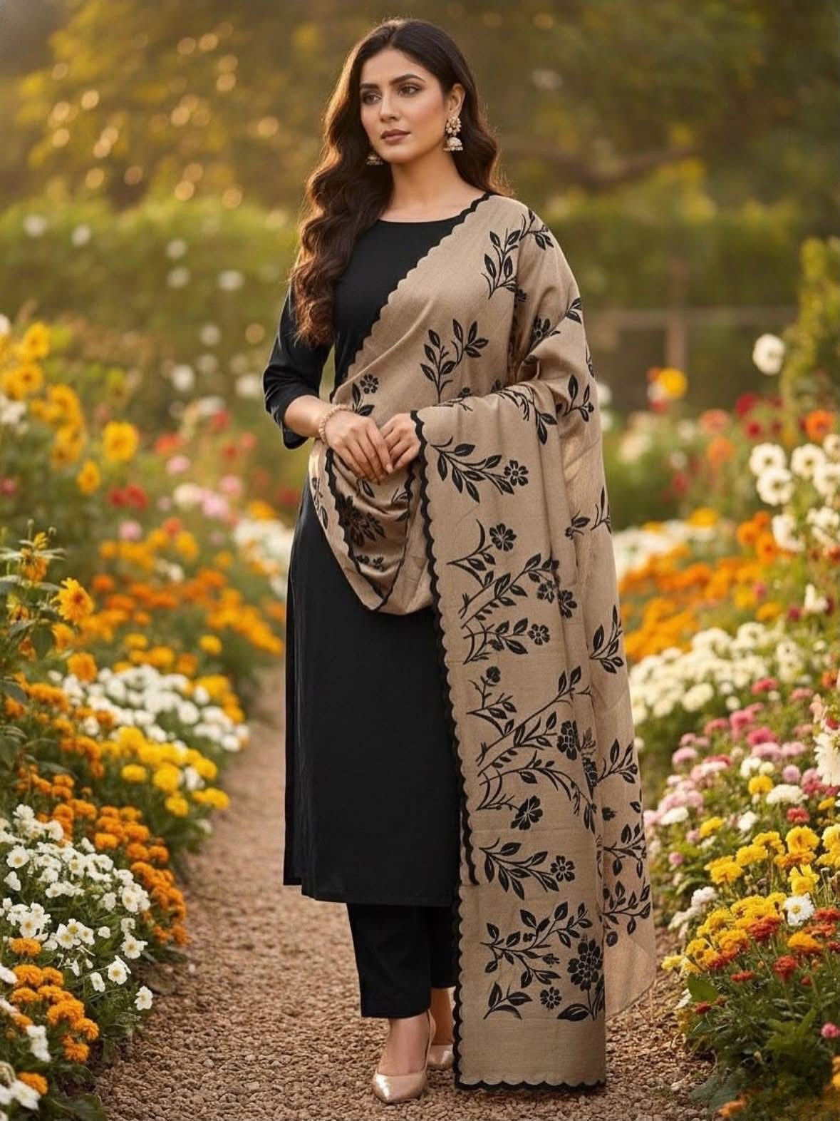 Pashmina Wool Velvet Applique Shawl with Marina Wool 3Piece Dress