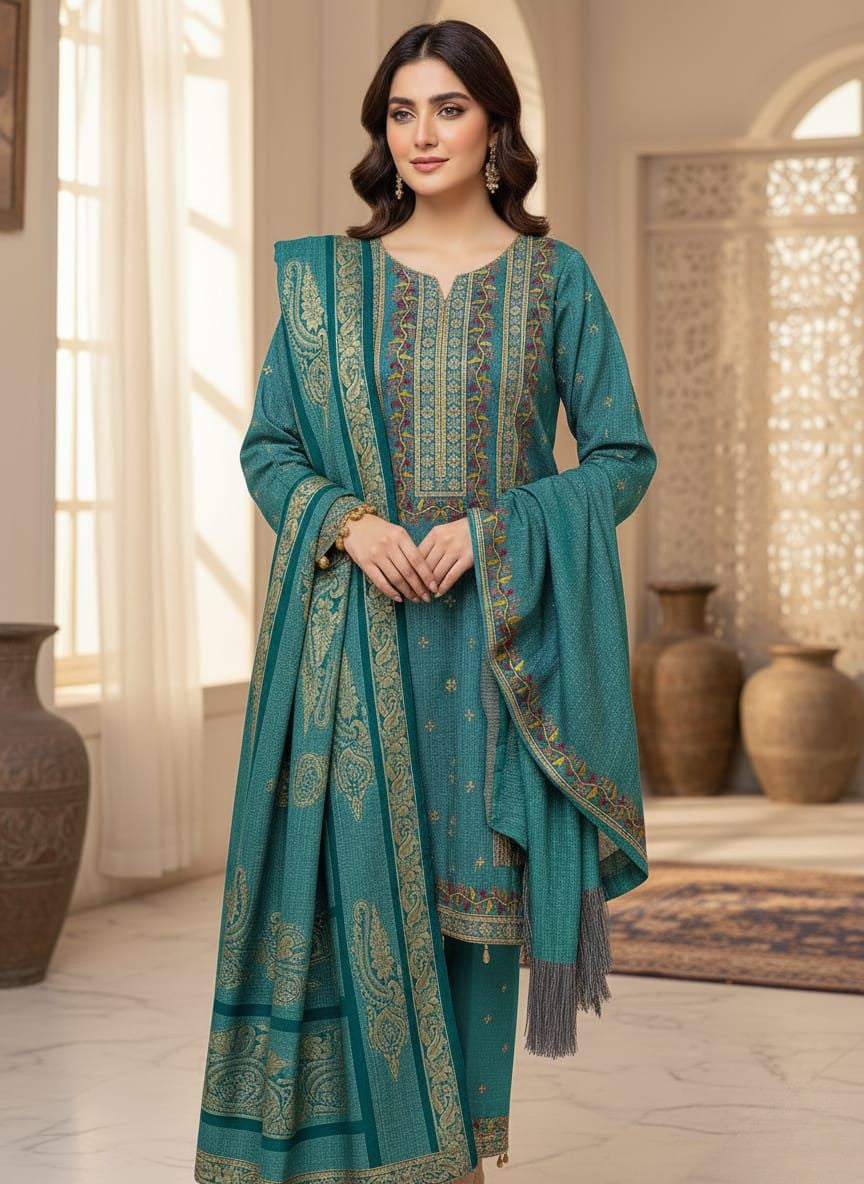 Cross Stitch Soft Karandi 3Piece Embroidered Dress with Banarsi Jacquard Shawl